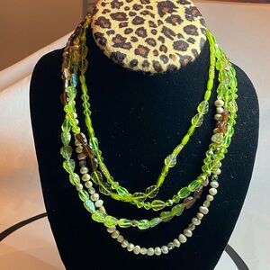 Hand Crafted. Green Pearl & Glass beads 72” toggle necklace.